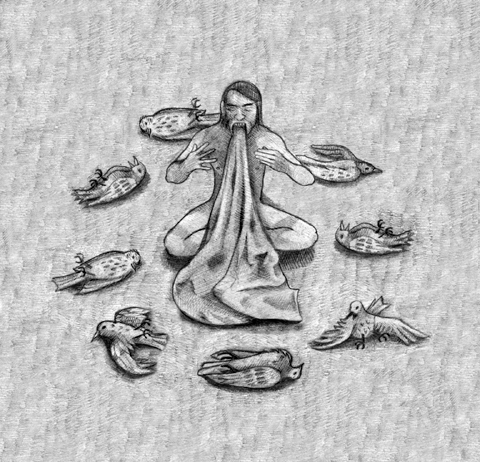 Pencil drawing of a strange ritual where a figure meditates whilst eating cloth surrounded by a circle of dead birds  